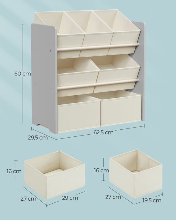 Lastenhuoneen hylly, leluhylly 7 säilytyslaatikolla huopakankaasta, 29,5 x 62,5 x 60 cm, valkoinen.