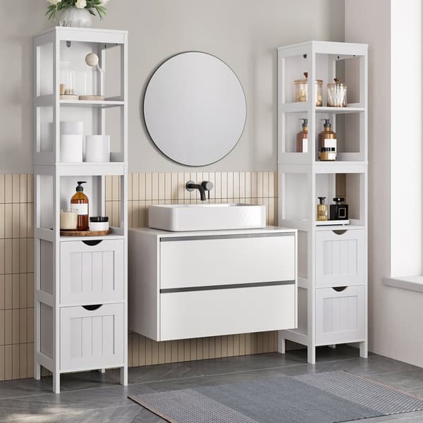Petite colonne de rangement 2 tiroirs et 2 étagères blanc - H141,5 cm