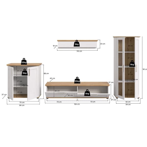 Verona reol system 4 dele hvid, eg dekor.