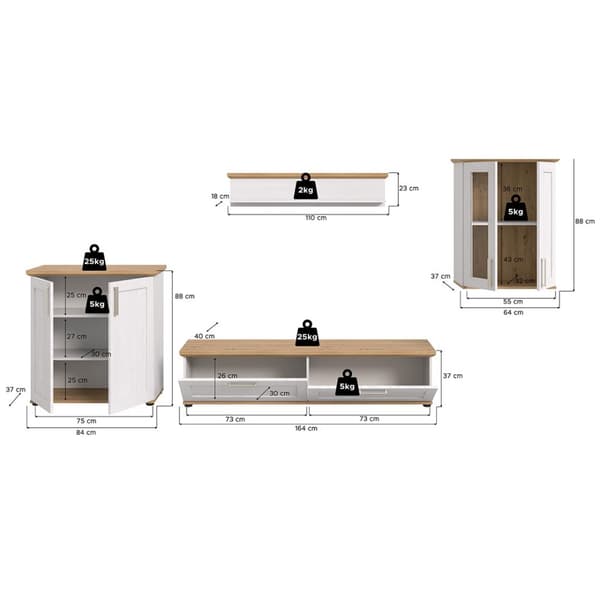 Verona reol system 4 dele hvid, eg dekor.