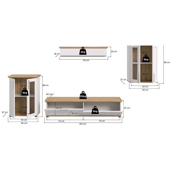 Verona reol system 4 dele hvid, eg dekor.
