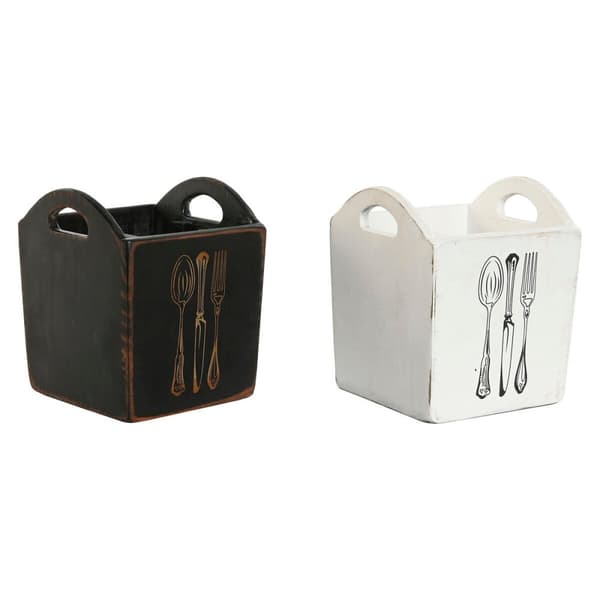 Cutlery basket Home ESPRIT White Black Fir wood 15 x 15 x 18 cm