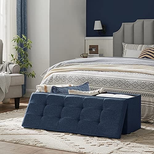 Songmics Storage Ottoman Bench, polstret bryst med låg, foldesæde, marineblå