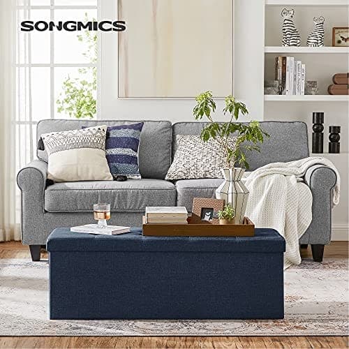 Songmics Storage Ottoman Bench, polstret bryst med låg, foldesæde, marineblå