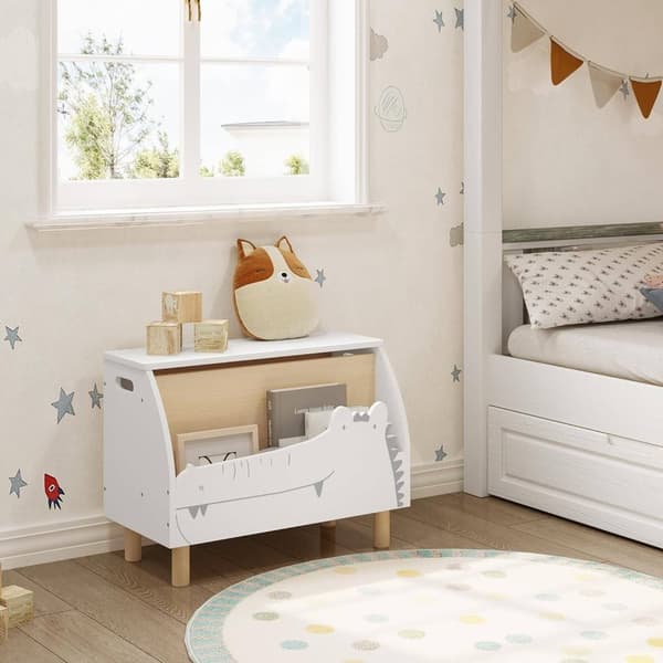 Rootz White Crocodile Toy Box - Förvaringsbänk - Organisering för barn - Säker med långsamt stängande lock - Slitstark MDF-konstruktion - Mångsidig me