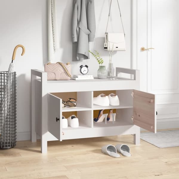 The Living Store Skobänk vit 80x40x60 cm massiv furu -  Förvaringsbänkar & hallbänkar