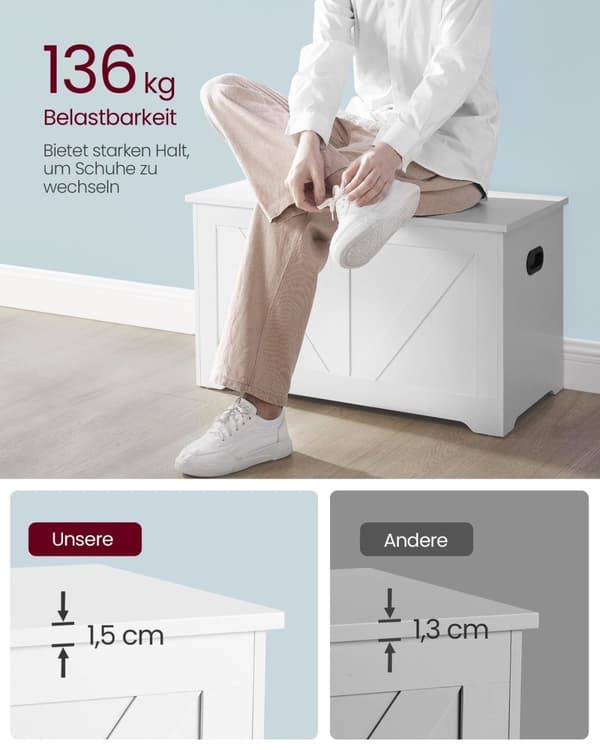 Rootz Vit Skobänk med sits - Entrébänk - Förvaringsbänk - Spånskiva Material - 40cm x 80cm x 46cm - Max. Statisk lastkapacitet 136kg - Max. Statisk la