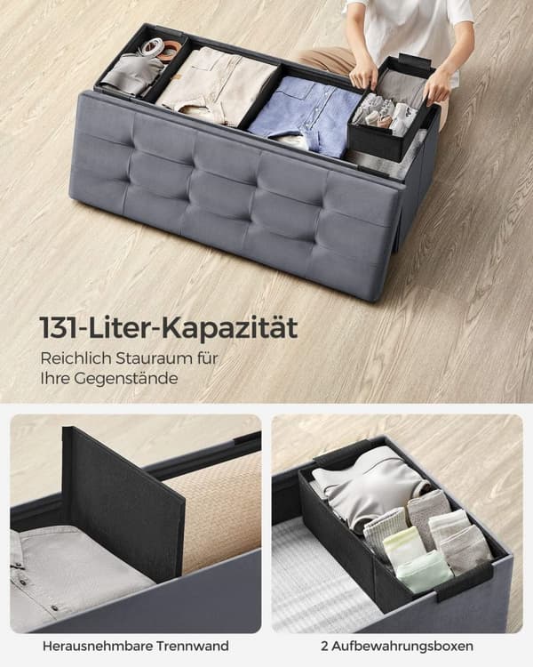 Rootz Velvet -istuinarkku - Säilytys ottomaanit - Pehmustettu penkki - MDF-rakenne - 38cm x 110cm x 38cm - Liuskeenharmaa - 131L Tilavuus - 300kg Suur