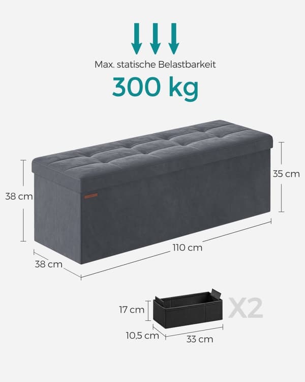 Rootz Velvet -istuinarkku - Säilytys ottomaanit - Pehmustettu penkki - MDF-rakenne - 38cm x 110cm x 38cm - Liuskeenharmaa - 131L Tilavuus - 300kg Suur
