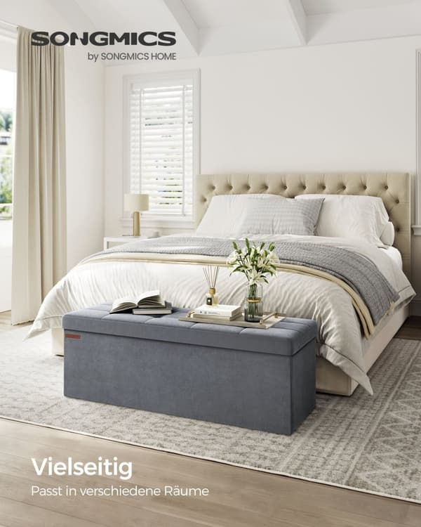 Rootz Velvet -istuinarkku - Säilytys ottomaanit - Pehmustettu penkki - MDF-rakenne - 38cm x 110cm x 38cm - Liuskeenharmaa - 131L Tilavuus - 300kg Suur