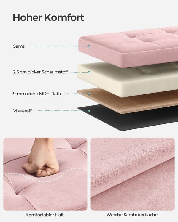 Rootz Velvet sædekiste - Opbevaring Ottoman - Polstret bænk - MDF konstruktion - Pastel Pink - 38cm x 76cm x 38cm - Letvægts - Rummelig - Robust