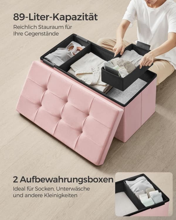Rootz Velvet sædekiste - Opbevaring Ottoman - Polstret bænk - MDF konstruktion - Pastel Pink - 38cm x 76cm x 38cm - Letvægts - Rummelig - Robust