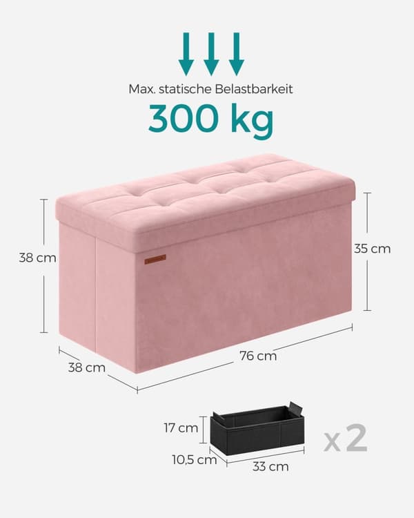 Rootz Velvet sædekiste - Opbevaring Ottoman - Polstret bænk - MDF konstruktion - Pastel Pink - 38cm x 76cm x 38cm - Letvægts - Rummelig - Robust