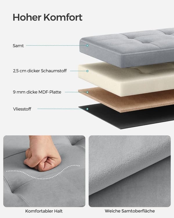 Rootz Dove Grey Velvet -istuinarkku - Säilytys ottomaanit - Pehmustettu penkki - MDF-rakenne - 38cm x 110cm x 38cm - Kevyt - Tilava - Tukeva