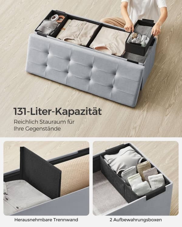 Rootz Dove Grey Velvet -istuinarkku - Säilytys ottomaanit - Pehmustettu penkki - MDF-rakenne - 38cm x 110cm x 38cm - Kevyt - Tilava - Tukeva
