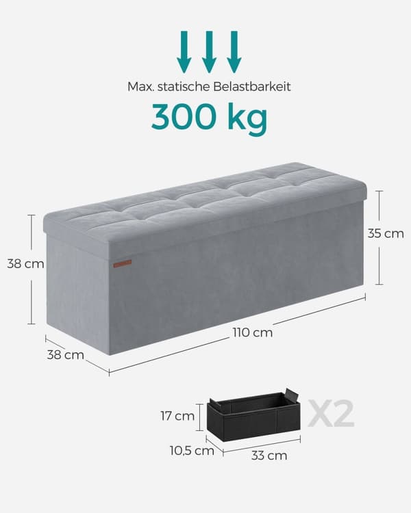 Rootz Dove Grey Velvet -istuinarkku - Säilytys ottomaanit - Pehmustettu penkki - MDF-rakenne - 38cm x 110cm x 38cm - Kevyt - Tilava - Tukeva