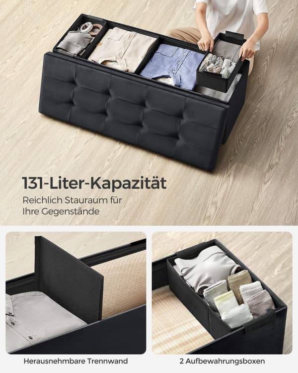 Rootz Velvet -istuinarkku - Säilytys ottomaanit - Pehmustettu penkki - MDF-rakenne - 38cm x 110cm x 38cm - Muste musta - 131L Tilavuus