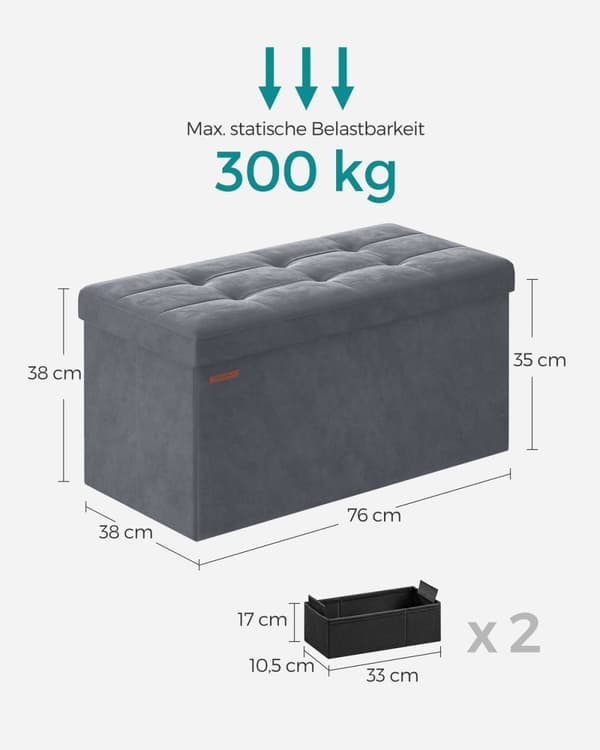 Rootz Velvet -istuinrinta - Säilytys ottomaanit - Jalkatuki - MDF-kehys - Liuskeenharmaa - 38cm x 76cm x 38cm - Kevyt - Suuri kapasiteetti - Mukava