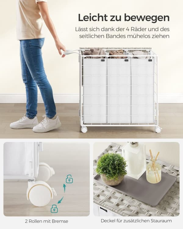 Rootz rullande tvättkorg - Klädkorg - Förvaringsbehållare - Stålram - Oxford-tyg - PE-material - 66 cm x 33 cm x 65 cm - Molnvit - Lätt - Slitstark -