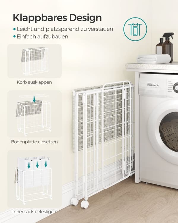 Rootz rullande tvättkorg - Klädkorg - Förvaringsbehållare - Stålram - Oxford-tyg - PE-material - 66 cm x 33 cm x 65 cm - Molnvit - Lätt - Slitstark -