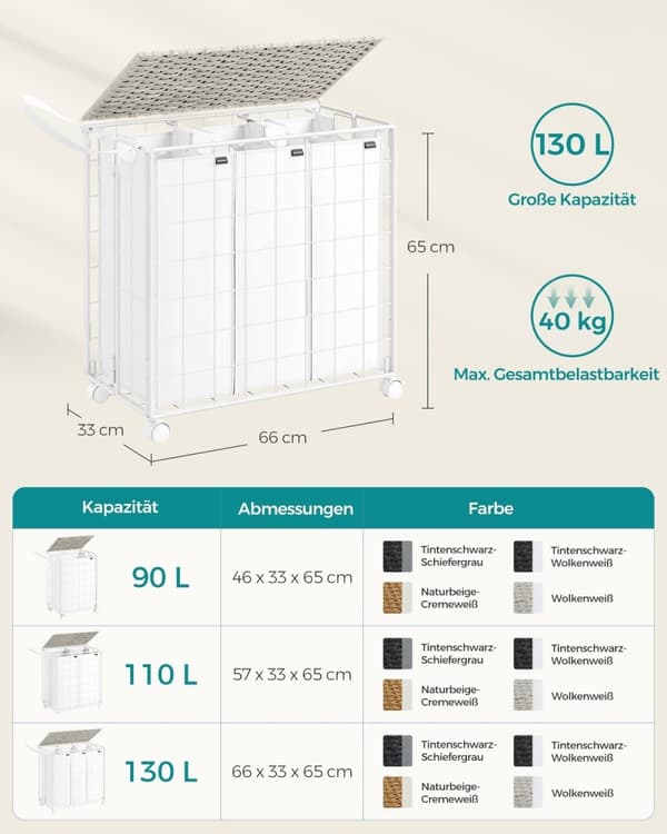 Rootz rullande tvättkorg - Klädkorg - Förvaringsbehållare - Stålram - Oxford-tyg - PE-material - 66 cm x 33 cm x 65 cm - Molnvit - Lätt - Slitstark -