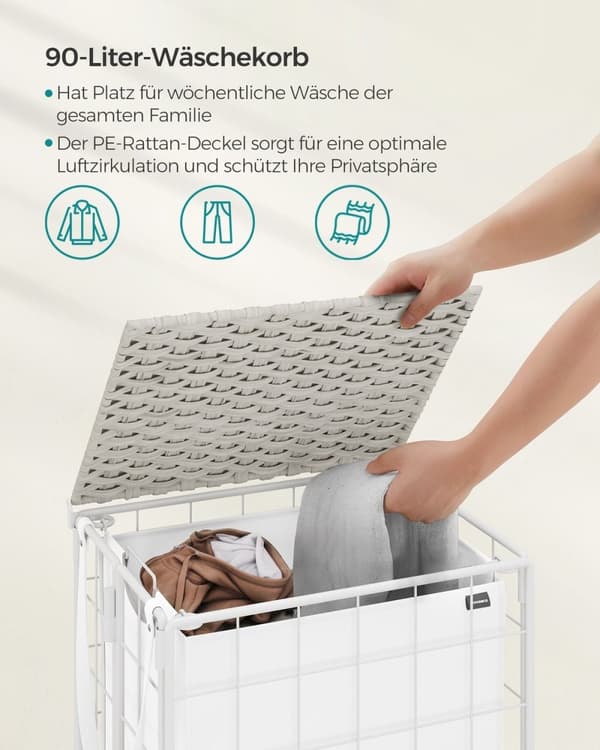 Rootz Rolling Laundry Basket - Vaatekori - Säilytyslaatikko - Teräsrunko - Oxford-kangas - PE-materiaali - Pilvivalkoinen - 46 cm x 33 cm x 65 cm - Ke
