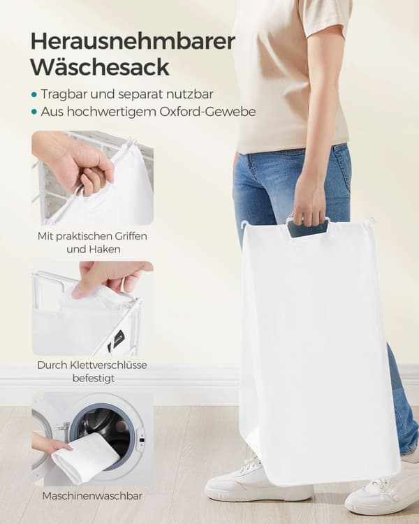 Rootz Rolling Laundry Basket - Vaatekori - Säilytyslaatikko - Teräsrunko - Oxford-kangas - PE-materiaali - Pilvivalkoinen - 46 cm x 33 cm x 65 cm - Ke