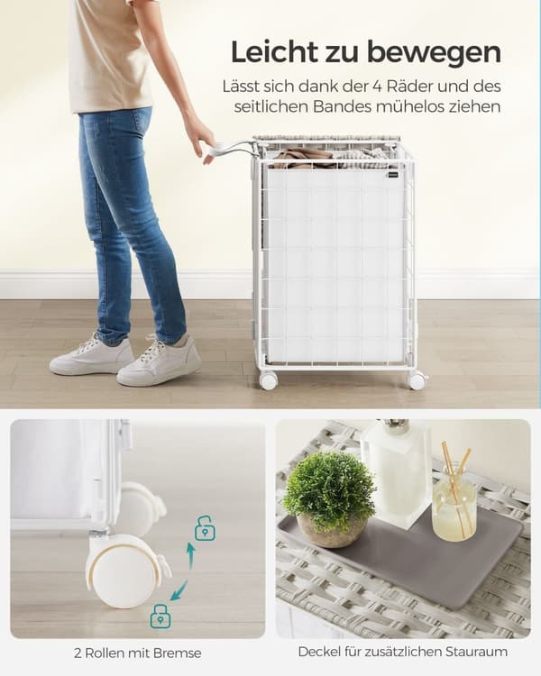 Rootz Rolling Laundry Basket - Vaatekori - Säilytyslaatikko - Teräsrunko - Oxford-kangas - PE-materiaali - Pilvivalkoinen - 46 cm x 33 cm x 65 cm - Ke