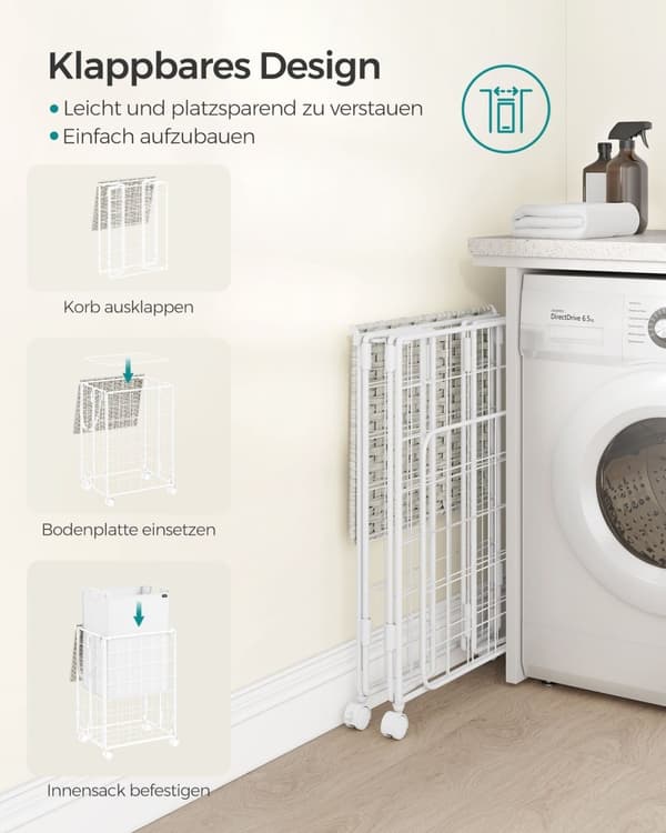 Rootz Rolling Laundry Basket - Vaatekori - Säilytyslaatikko - Teräsrunko - Oxford-kangas - PE-materiaali - Pilvivalkoinen - 46 cm x 33 cm x 65 cm - Ke