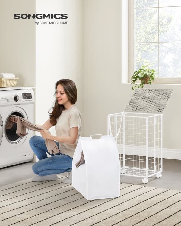 Rootz Rolling Laundry Basket - Vaatekori - Säilytyslaatikko - Teräsrunko - Oxford-kangas - PE-materiaali - Pilvivalkoinen - 46 cm x 33 cm x 65 cm - Ke