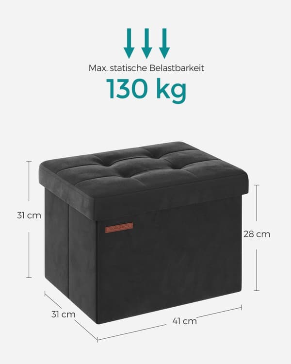Rootz Velvet -istuinarkku - Säilytys ottomaanit - Pehmustettu penkki - MDF-rakenne - 31cm x 41cm x 31cm - Muste musta - 32L Tilavuus