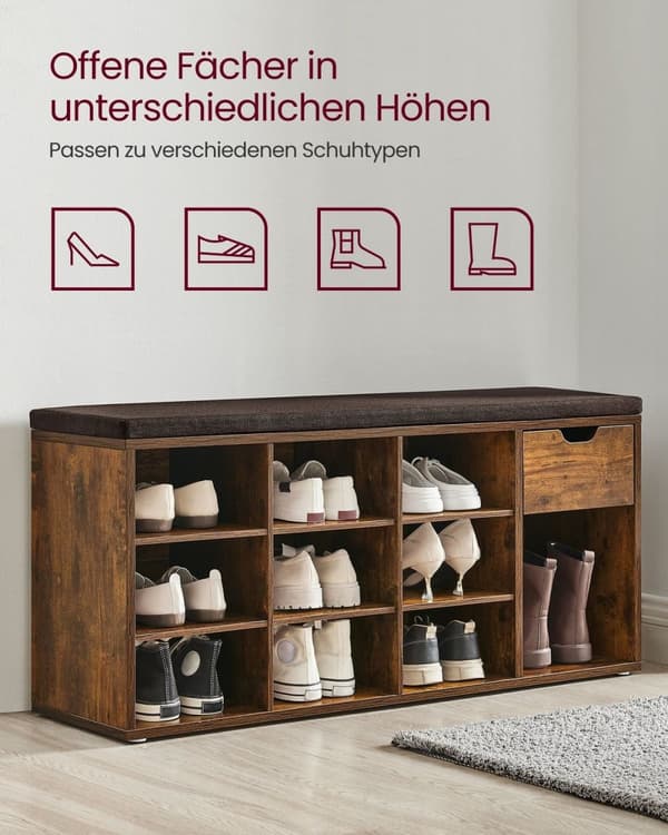 Rootz Vintage Brown Skobænk - Entrébænk - Opbevaringsbænk - Træspånplade - MDF - 30 cm x 104 cm x 48 cm - Polstret sæde - 200 kg Kapacitet - 18,5 kg V