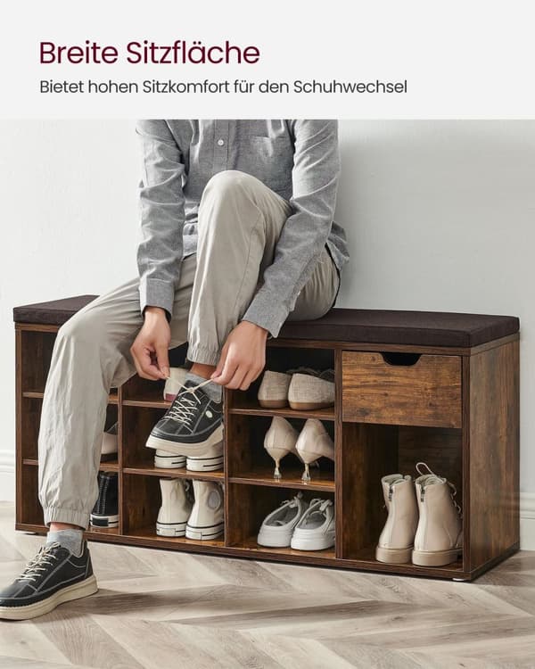 Rootz Vintage Brown Skobænk - Entrébænk - Opbevaringsbænk - Træspånplade - MDF - 30 cm x 104 cm x 48 cm - Polstret sæde - 200 kg Kapacitet - 18,5 kg V