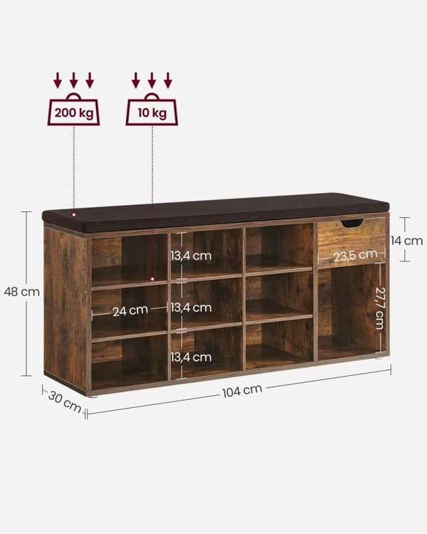 Rootz Vintage Brown Skobænk - Entrébænk - Opbevaringsbænk - Træspånplade - MDF - 30 cm x 104 cm x 48 cm - Polstret sæde - 200 kg Kapacitet - 18,5 kg V