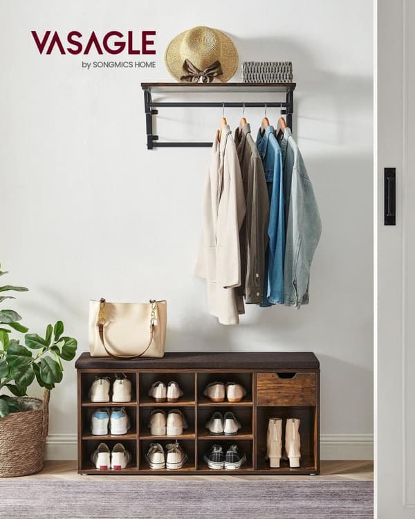 Rootz Vintage Brown Skobænk - Entrébænk - Opbevaringsbænk - Træspånplade - MDF - 30 cm x 104 cm x 48 cm - Polstret sæde - 200 kg Kapacitet - 18,5 kg V