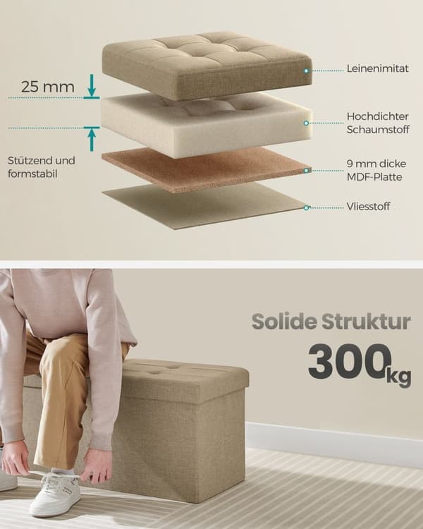 Rootz Camel Brown Seat Chest - Förvaring Ottoman - Fotstöd - MDF-konstruktion - Imiterad linneklädsel - Skumstoppning - 38cm x 110cm x 38cm - 9,1kg -