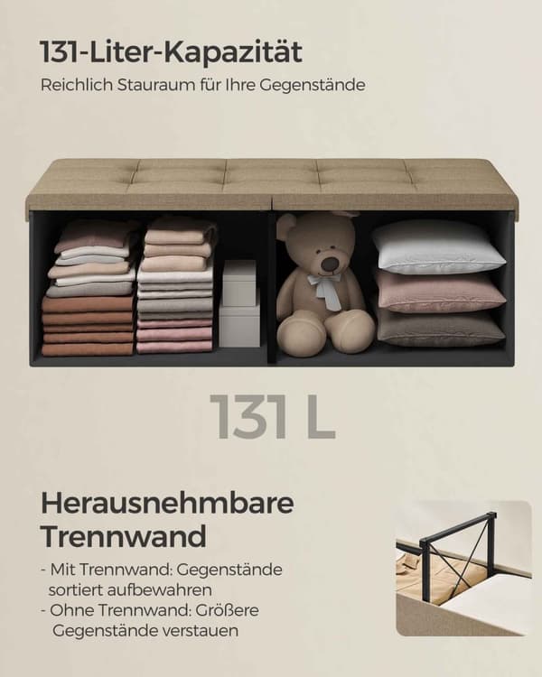 Rootz Camel Brown Seat Chest - Förvaring Ottoman - Fotstöd - MDF-konstruktion - Imiterad linneklädsel - Skumstoppning - 38cm x 110cm x 38cm - 9,1kg -