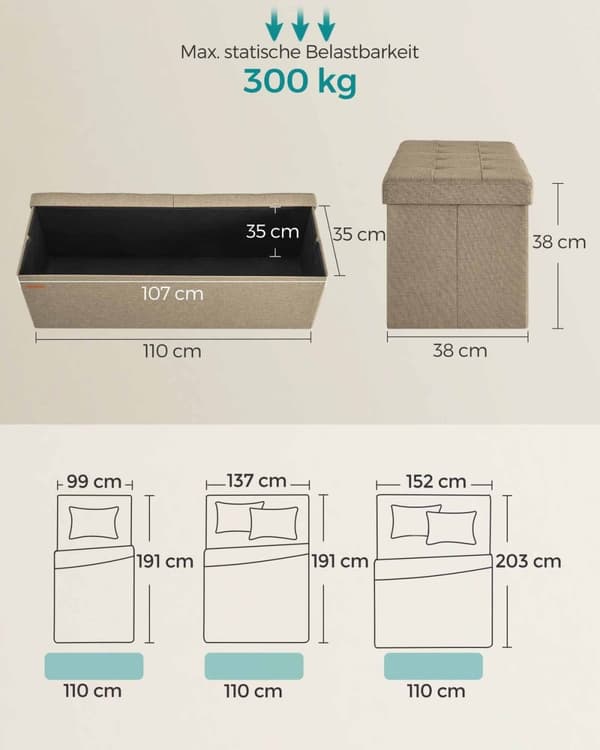 Rootz Camel Brown Seat Chest - Förvaring Ottoman - Fotstöd - MDF-konstruktion - Imiterad linneklädsel - Skumstoppning - 38cm x 110cm x 38cm - 9,1kg -