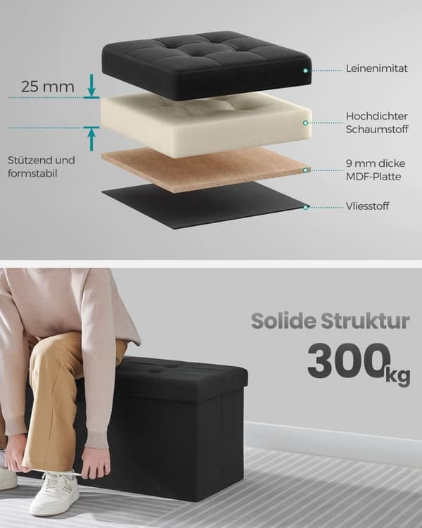 Rootz Storage Ottomaanien penkki - Pehmustettu jakkara - Jalkatuki - MDF-runko - Pellavajäljitelmä - Vaahtomuovipehmuste - 38cm x 110cm x 38cm - Muste