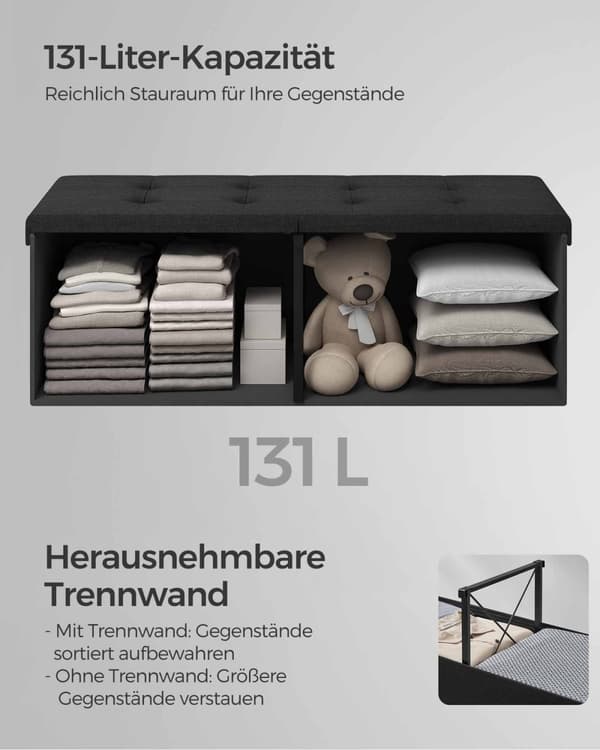 Rootz Storage Ottomaanien penkki - Pehmustettu jakkara - Jalkatuki - MDF-runko - Pellavajäljitelmä - Vaahtomuovipehmuste - 38cm x 110cm x 38cm - Muste