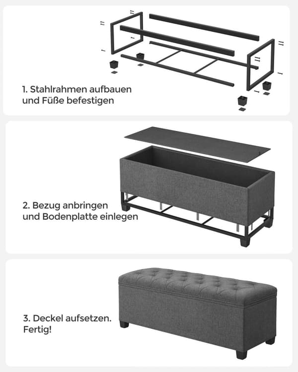 Rootz Storage Ottomaanien penkki - Tummanharmaa ottomaani - Pehmustettu penkki - Pellavajäljitelmä - MDF-rakenne - Vaahtomuovipehmuste - Teräsrunko -