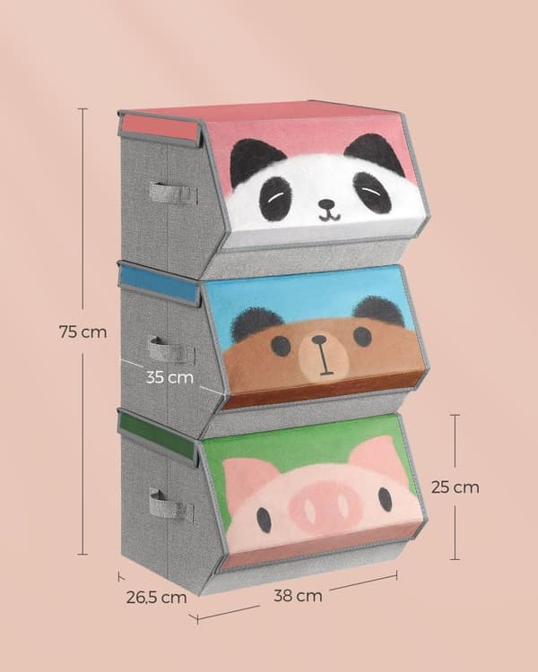 Rootz Sæt med 3 stabelbare opbevaringskasser - Paparrangør - Stofbeholdere - Metalramme - Sammenfoldelig - 38 cm x 35 cm x 75 cm