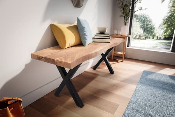 Rootz Modern Design käytäväpenkki - Kiinteä sisääntuloistuin - Puun reunat - Käsintehty - 120 cm x 40 cm x 45,5 cm - Akaasiapuu - Rautaiset jalat