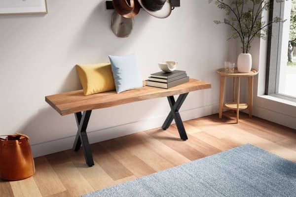 Rootz Modern Design käytäväpenkki - Kiinteä sisääntuloistuin - Puun reunat - Käsintehty - 120 cm x 40 cm x 45,5 cm - Akaasiapuu - Rautaiset jalat