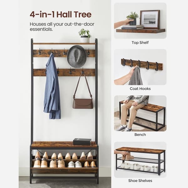 Coat Rack - vaatekaappi kenkäkaapilla ja penkillä - vaatteiden teline - kengän säilytys - vintage ruskea