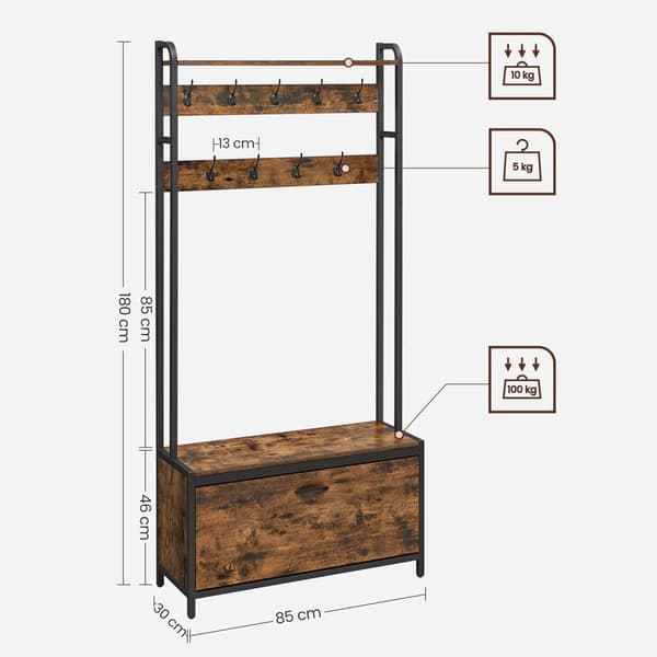 Coat Rack - vaatekaappi kenkäkaapilla ja penkillä - vaatteiden teline - kengän säilytys - vintage ruskea