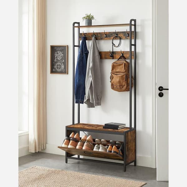 Coat Rack - vaatekaappi kenkäkaapilla ja penkillä - vaatteiden teline - kengän säilytys - vintage ruskea