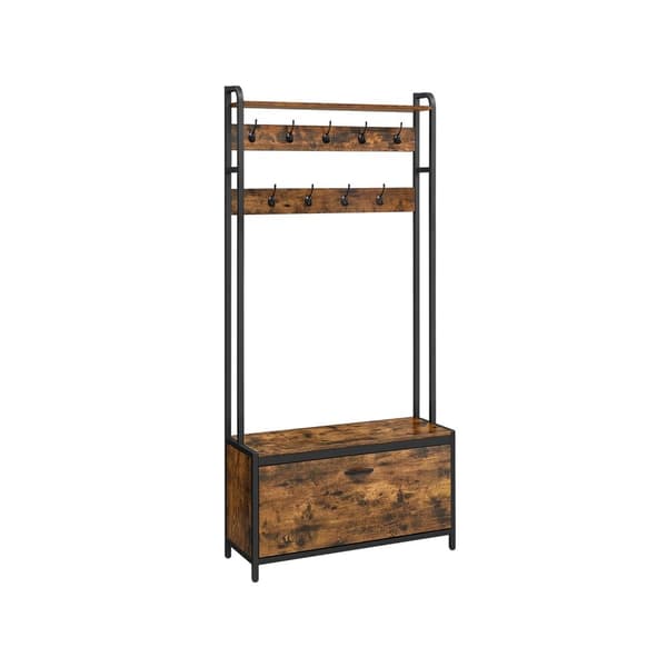 Coat Rack - vaatekaappi kenkäkaapilla ja penkillä - vaatteiden teline - kengän säilytys - vintage ruskea