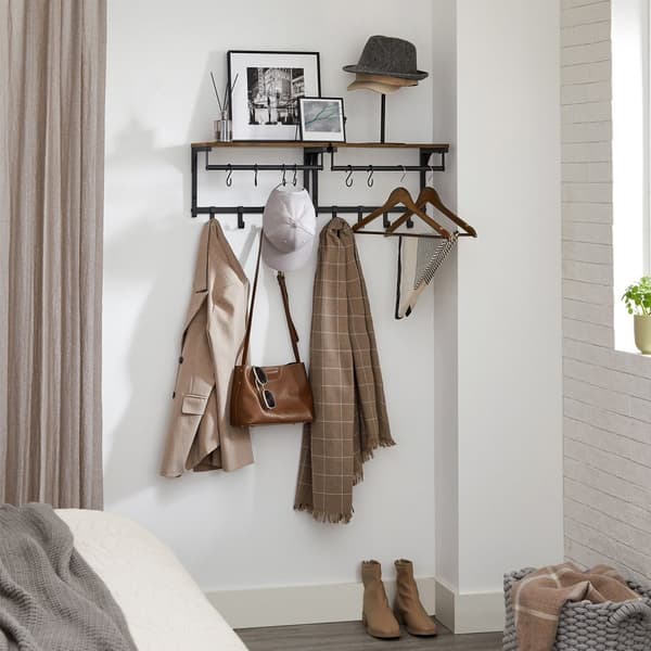 Wall Coat Rack - væghylde - med tøjstang - 8 kroge - sort
