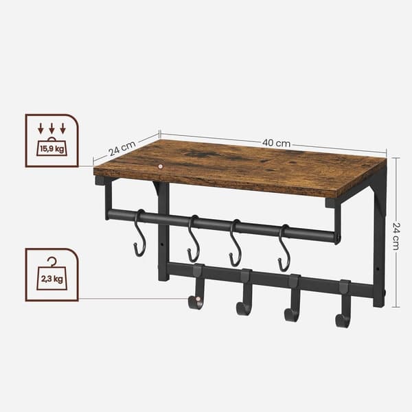 Wall Coat Rack - væghylde - med tøjstang - 8 kroge - sort